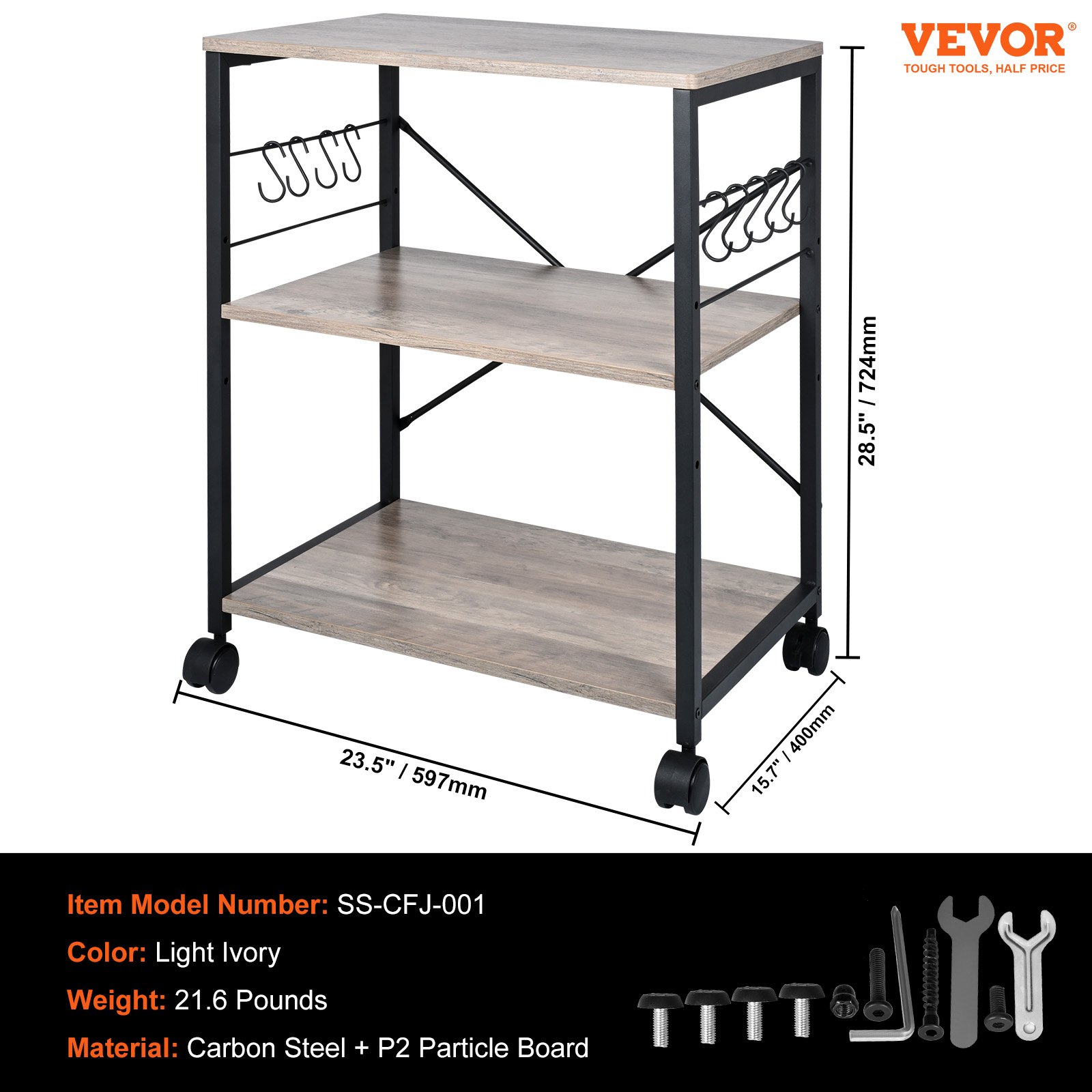 VEVOR Estante para Panaderos de Cocina de 3 Niveles Estantería de Almacenamiento de Servicios 60 x 40 x 72 cm con 8 Ganchos Capacidad de 50 kg Estante con Soporte para Horno Microondas, Marfil Claro