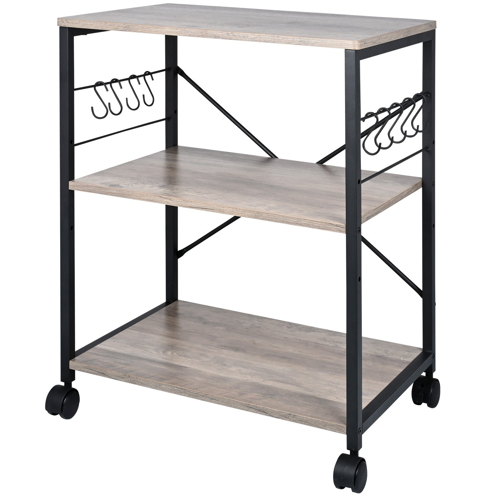VEVOR Estante para Panaderos de Cocina de 3 Niveles Estantería de Almacenamiento de Servicios 60 x 40 x 72 cm con 8 Ganchos Capacidad de 50 kg Estante con Soporte para Horno Microondas, Marfil Claro