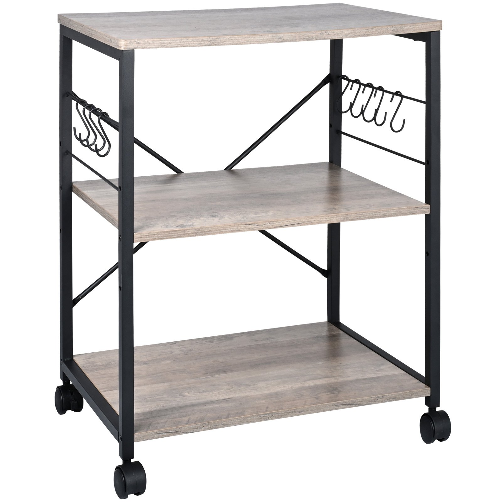VEVOR Estante para Panaderos de Cocina de 3 Niveles Estantería de Almacenamiento de Servicios 60 x 40 x 72 cm con 8 Ganchos Capacidad de 50 kg Estante con Soporte para Horno Microondas, Marfil Claro