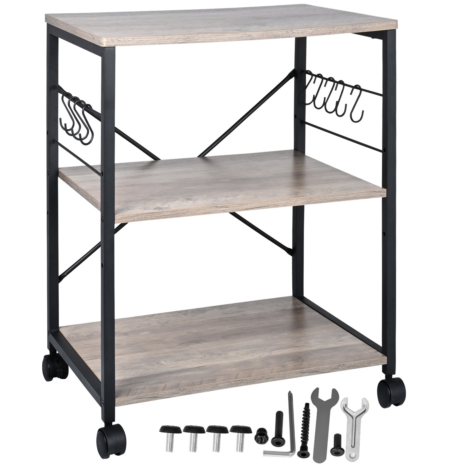 VEVOR Estante para Panaderos de Cocina de 3 Niveles Estantería de Almacenamiento de Servicios 60 x 40 x 72 cm con 8 Ganchos Capacidad de 50 kg Estante con Soporte para Horno Microondas, Marfil Claro