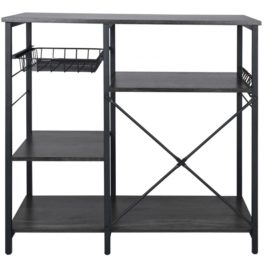 Estantería de cocina VEVOR con estantes y cesta de almacenamiento en estructura de metal negro.