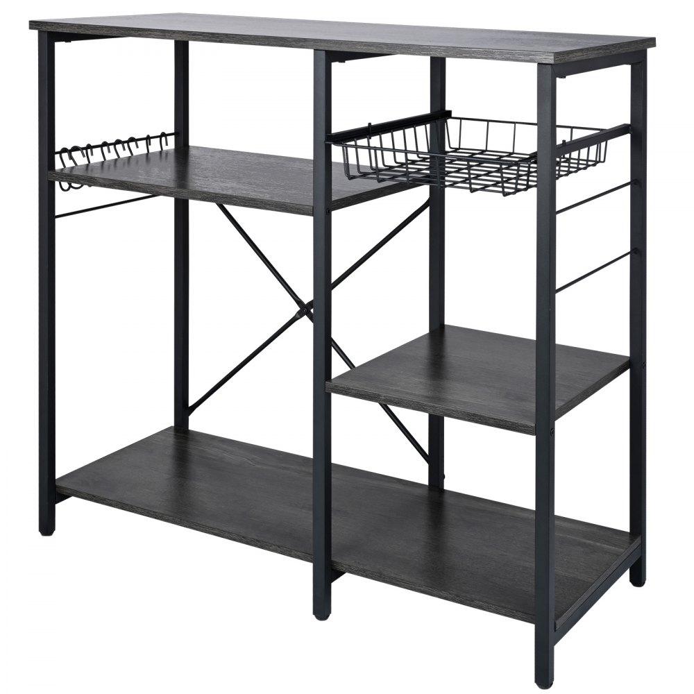 Estantería de cocina VEVOR negra con estantes, cesta de alambre y estructura de metal.