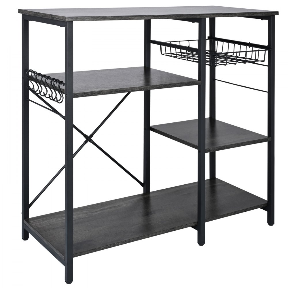 Estantería de cocina VEVOR con estantes negros, estructura de metal, cesta de alambre y ganchos para utensilios.