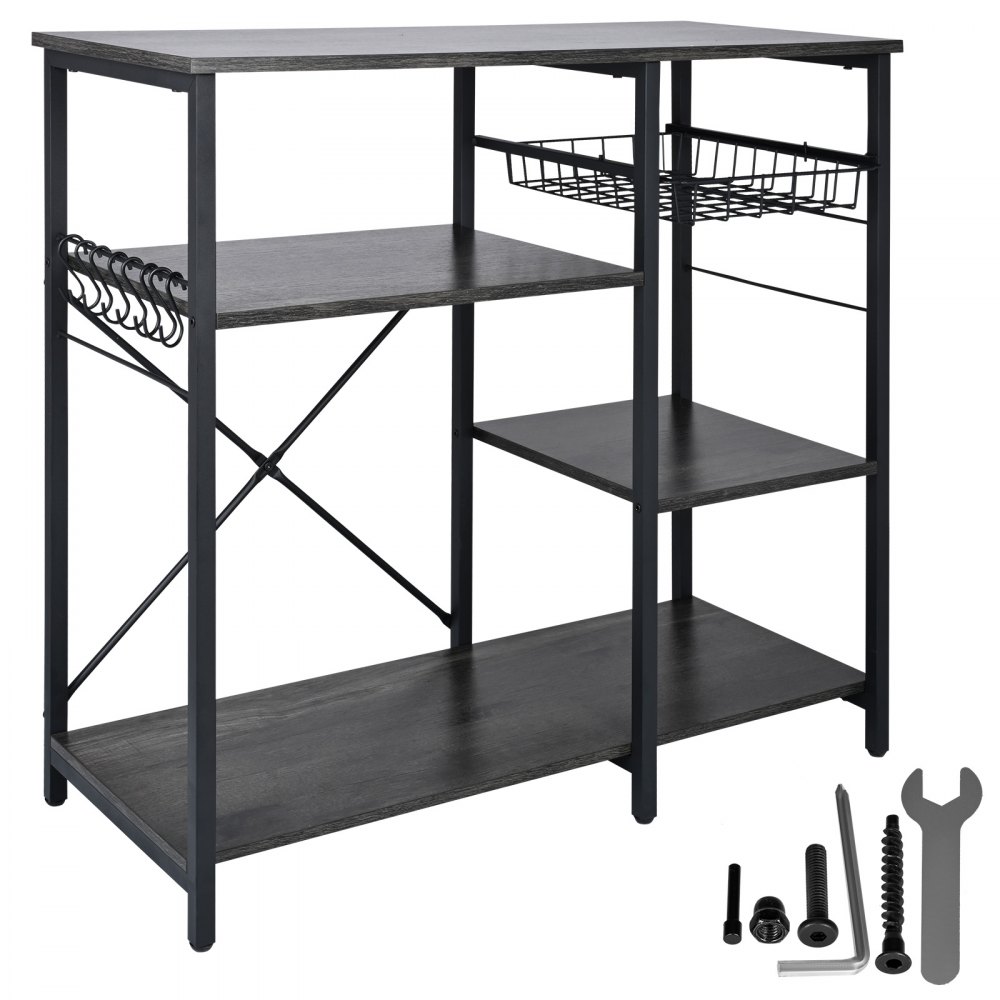 Estantería de cocina VEVOR con estantes, ganchos, cesta de alambre y herramientas de montaje en acabado negro.