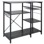 Estantería de cocina VEVOR con estantes negros, estructura de metal, cesta de alambre y ganchos para utensilios.