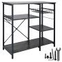Estantería de cocina VEVOR con estantes, ganchos, cesta de alambre y herramientas de montaje en acabado negro.