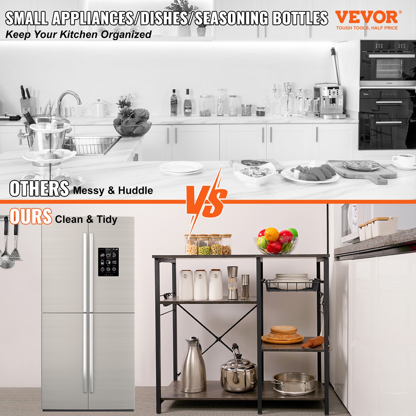 El estante para panadero de cocina VEVOR mantiene la cocina organizada en comparación con una encimera desordenada. Almacenamiento limpio y ordenado.