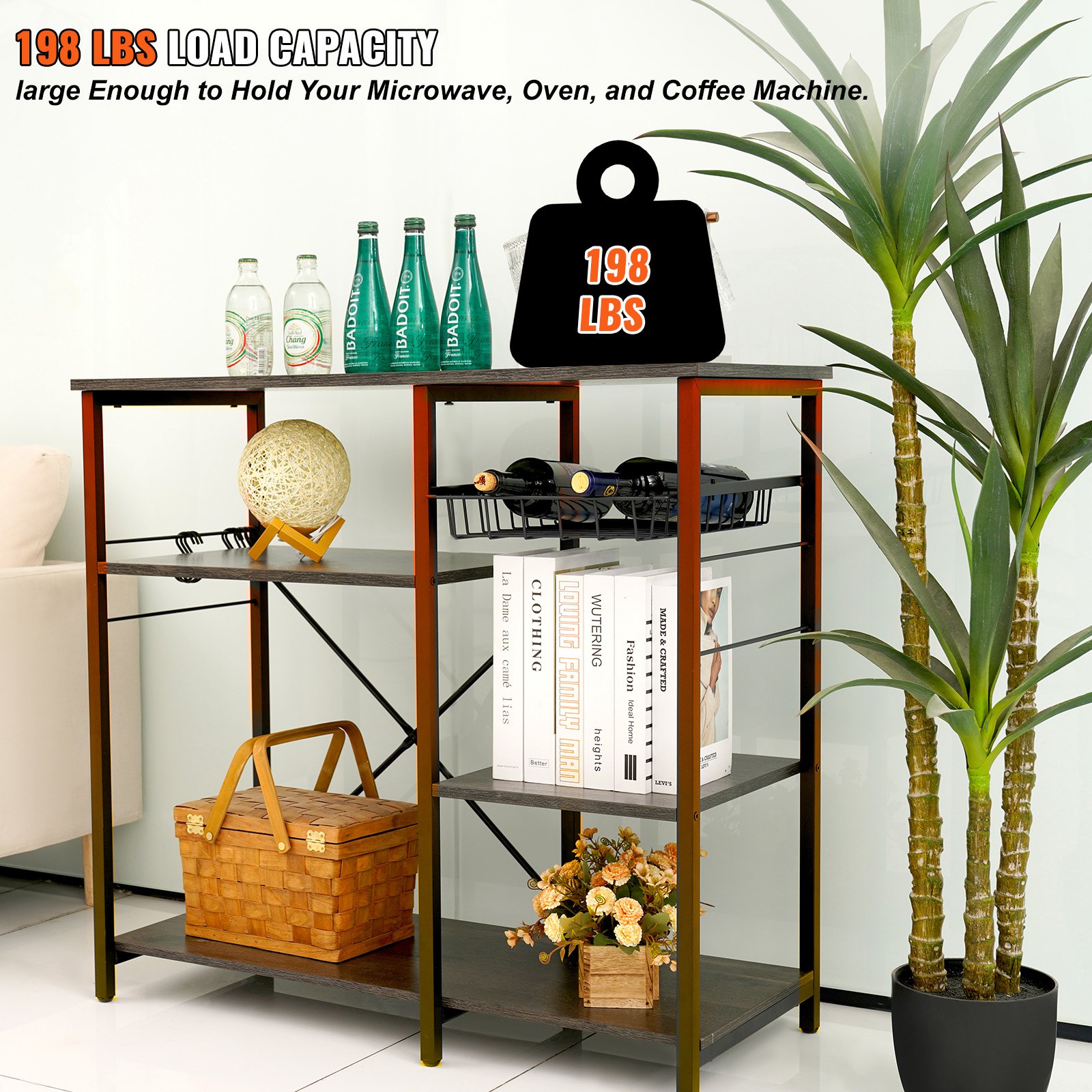Estantería de cocina VEVOR con estantes, para guardar botellas, libros, una cesta y plantas, capacidad de carga de 198 libras.
