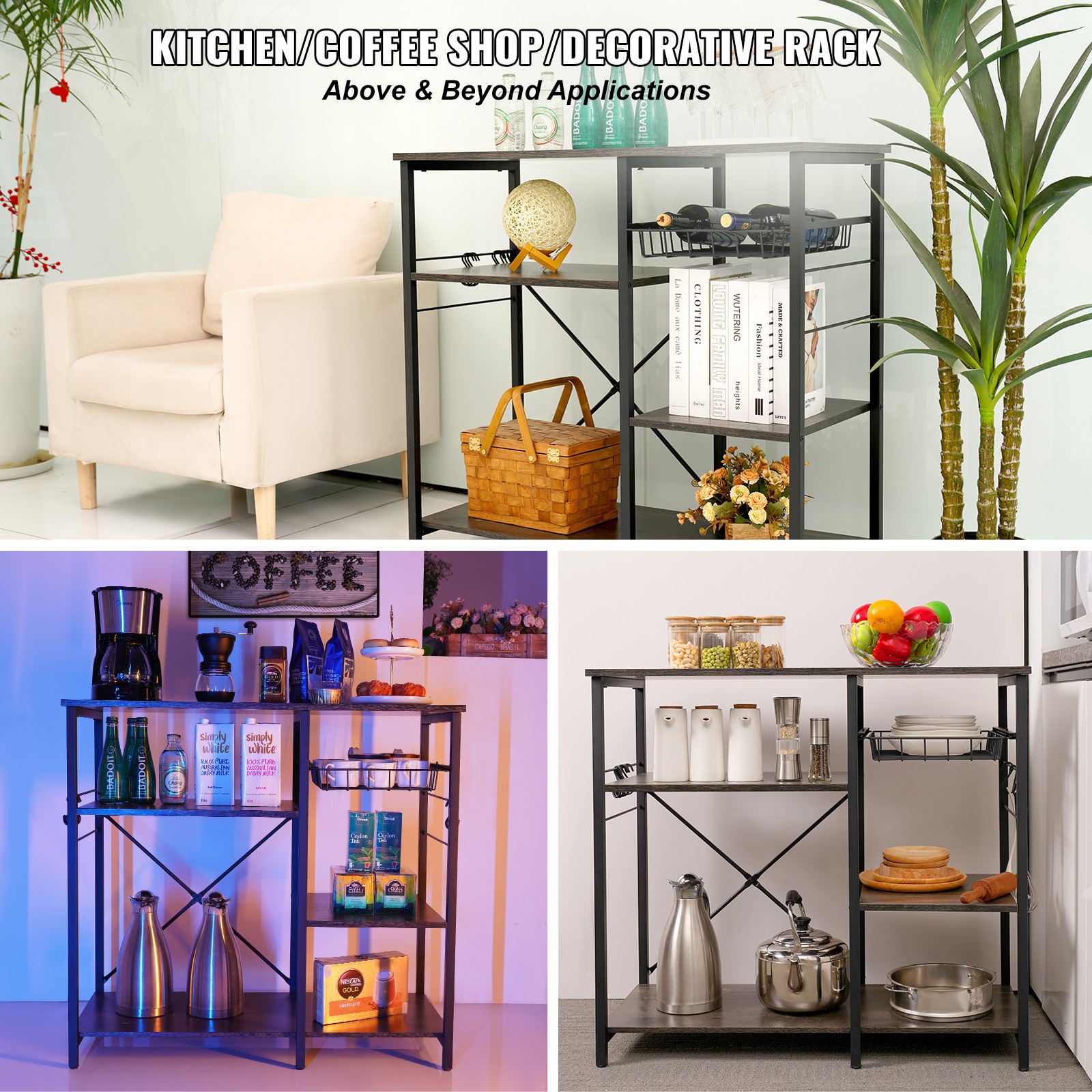 Estante de cocina VEVOR para panadería que se utiliza como cocina, cafetería y almacenamiento decorativo con varios artículos organizados.