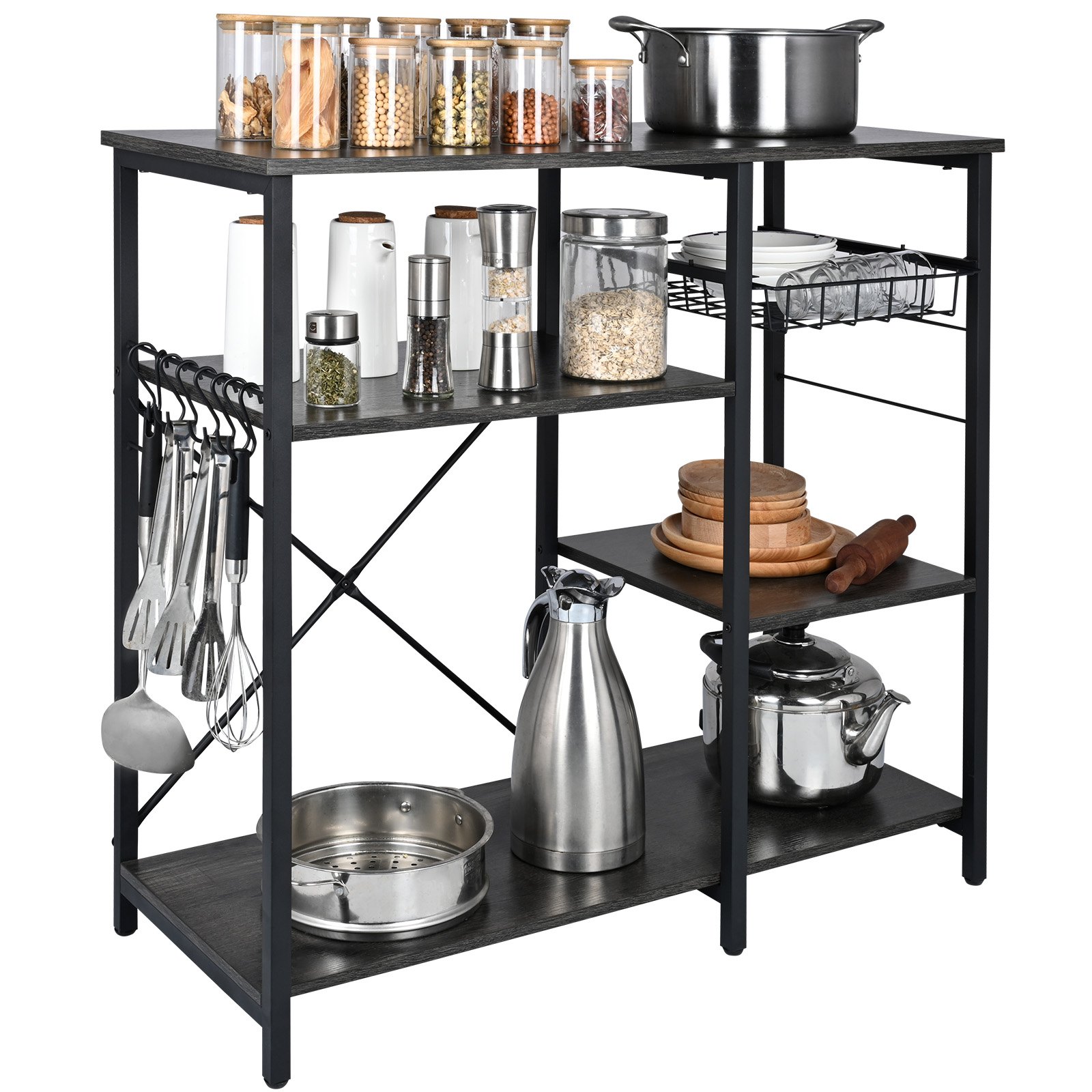 Estante de cocina VEVOR con frascos, utensilios, baterías de cocina y tablas de cortar perfectamente organizados en estantes.
