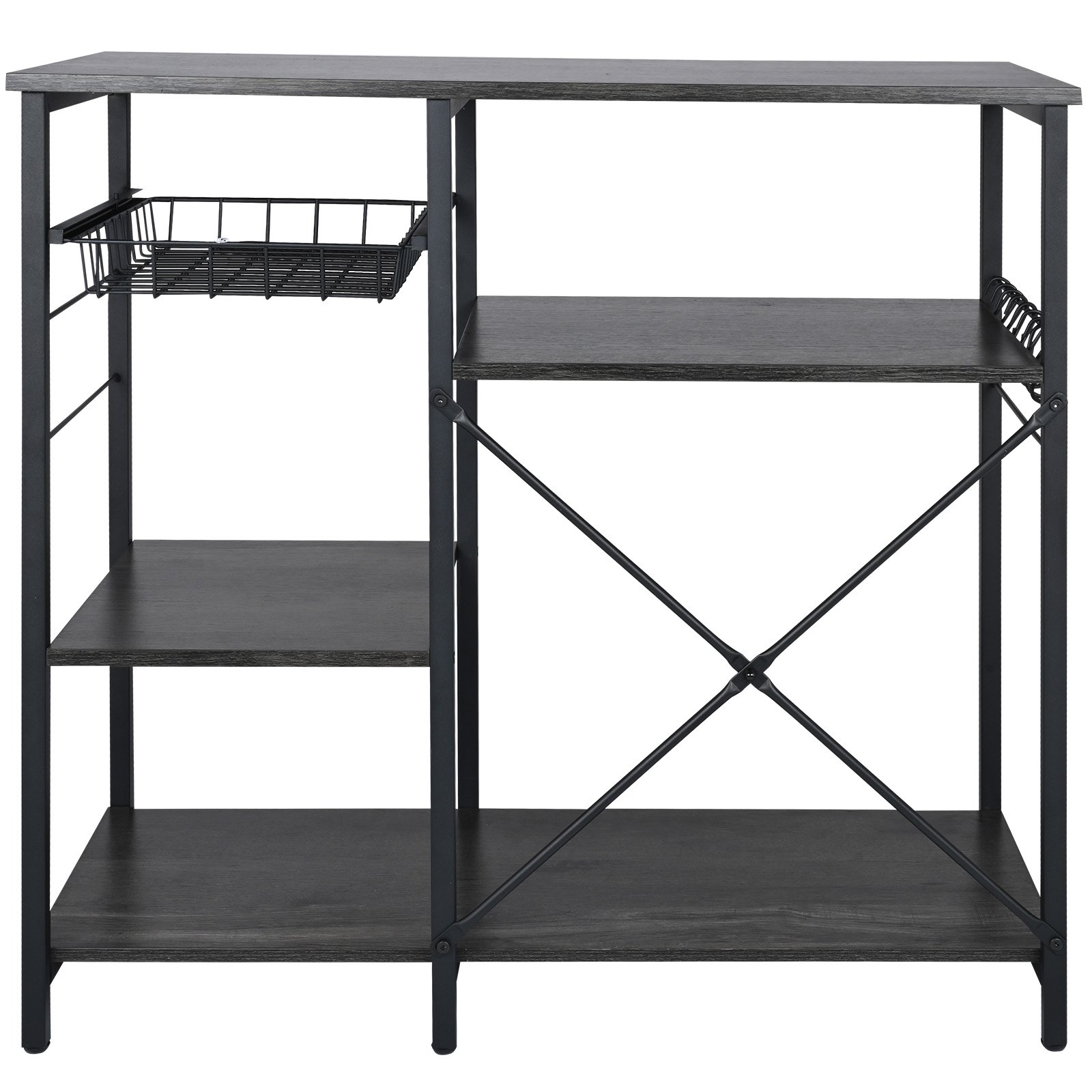 Estantería de cocina VEVOR con estantes y cesta de almacenamiento en estructura de metal negro.