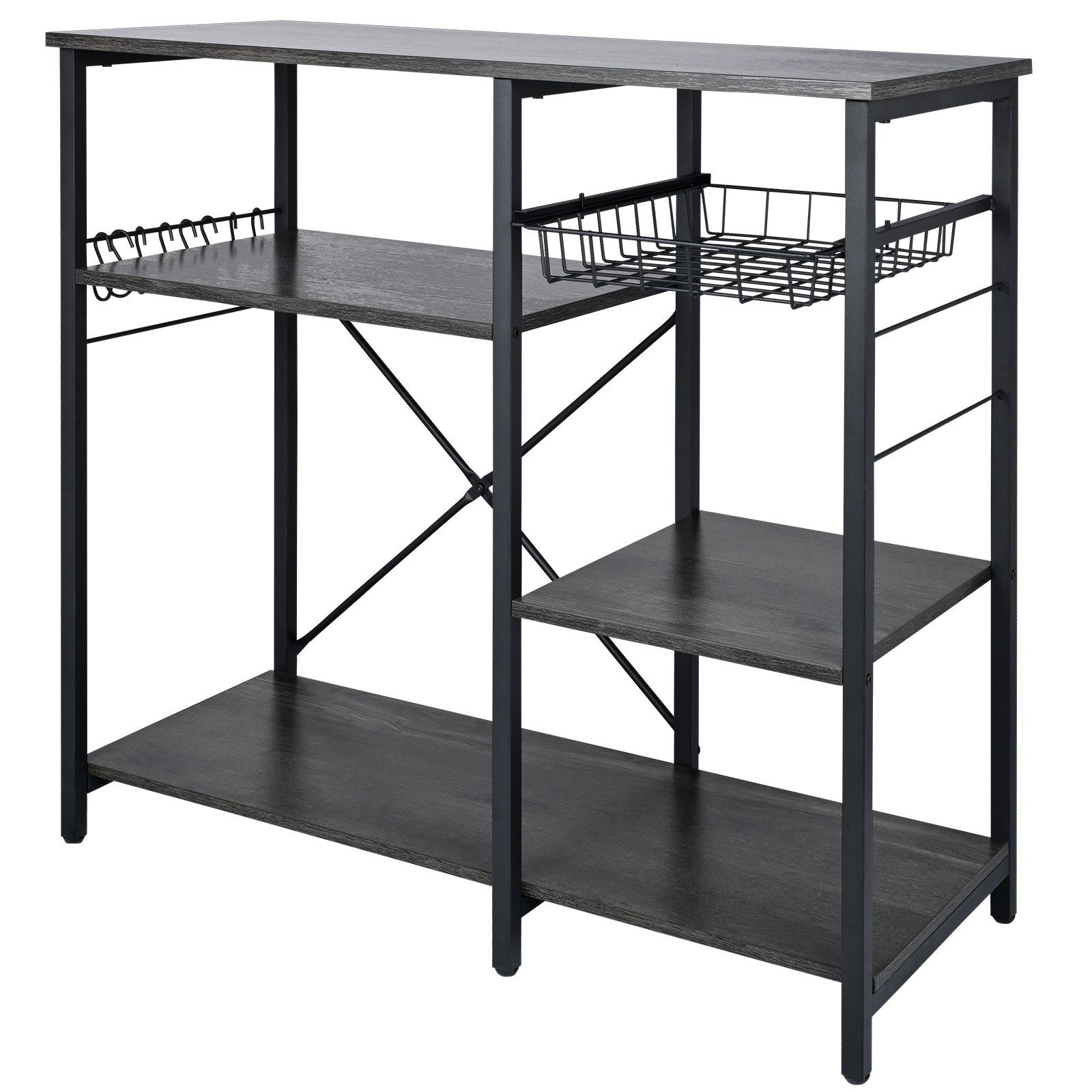 Estantería de cocina VEVOR negra con estantes, cesta de alambre y estructura de metal.