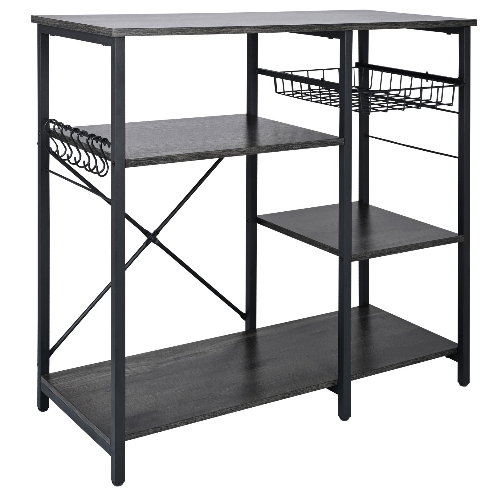 Estantería de cocina VEVOR con estantes negros, estructura de metal, cesta de alambre y ganchos para utensilios.