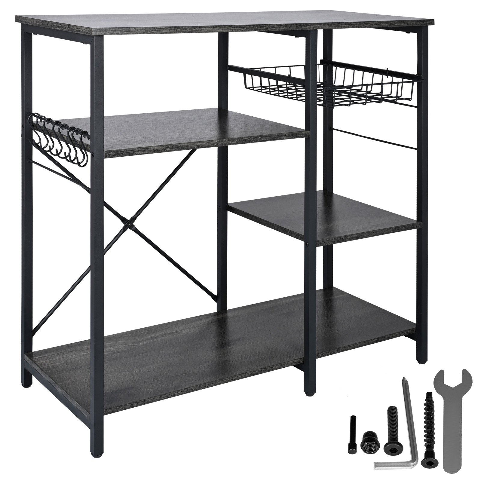 Estantería de cocina VEVOR con estantes, ganchos, cesta de alambre y herramientas de montaje en acabado negro.