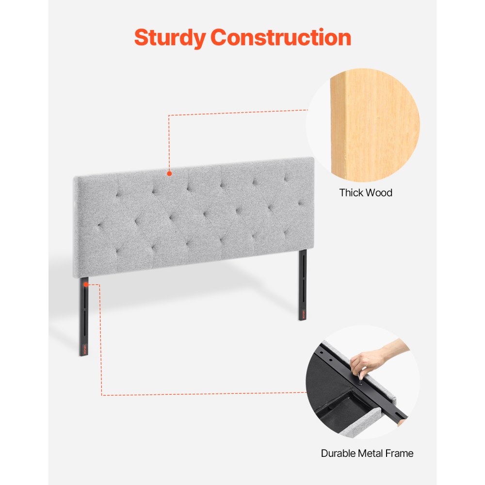 VEVOR Cabecero de Tamaño Completo, Altura Ajustable de 5 cm por Nivel Cómodo Capitoné  con Diseño de Rombos 1430 x (905-1205) mm para Camas de Dormitorio, Hotel, Alojamiento Privado, Gris Claro
