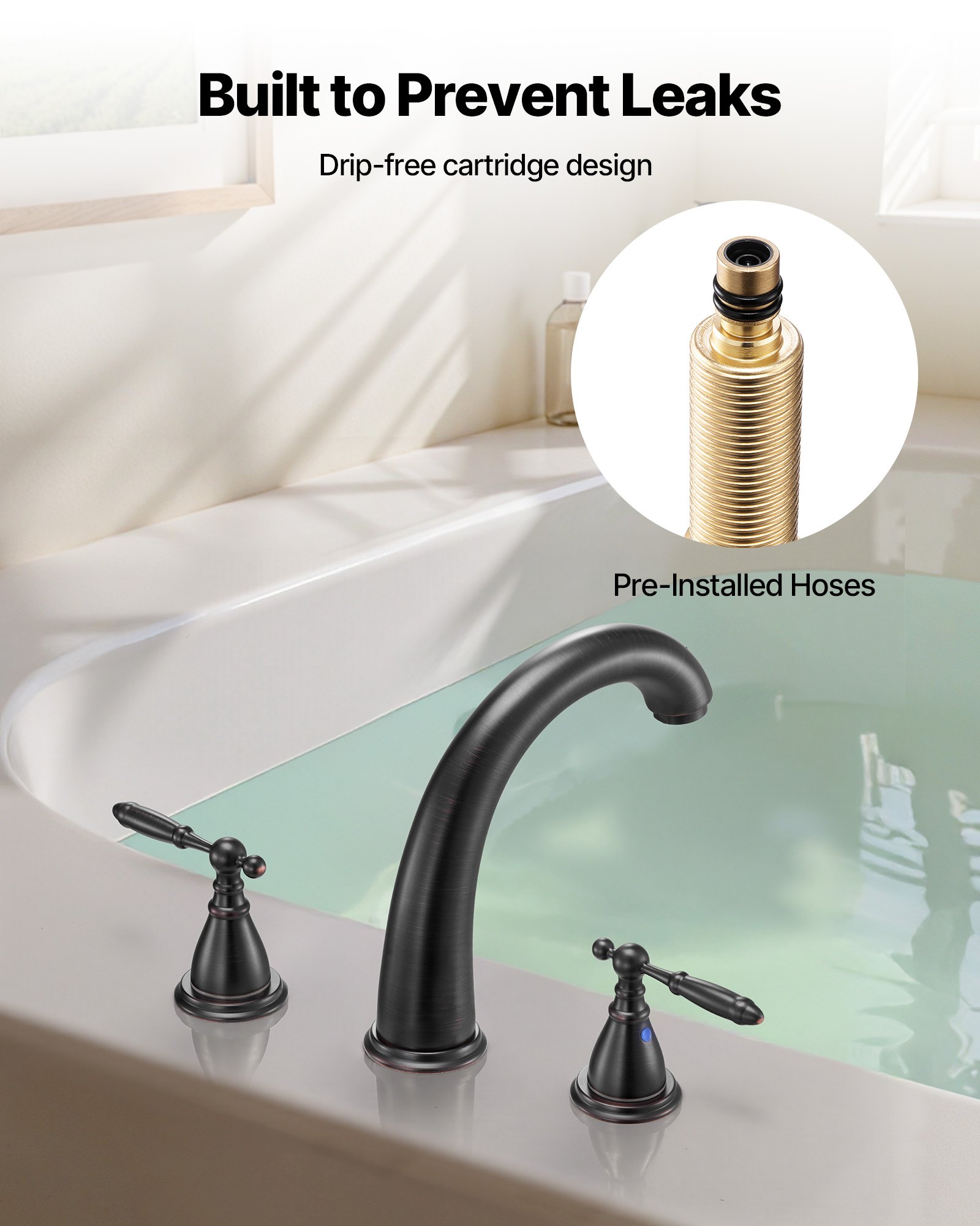 VEVOR Grifo de Bañera Romano, con 2 Manijas, de Acero Inoxidable, con Caño de Cuello de Cisne, para Montaje en Cubierta para Baño de Adultos, Color Bronce, 10 L por Minuto, 250 x 165 x 52 mm