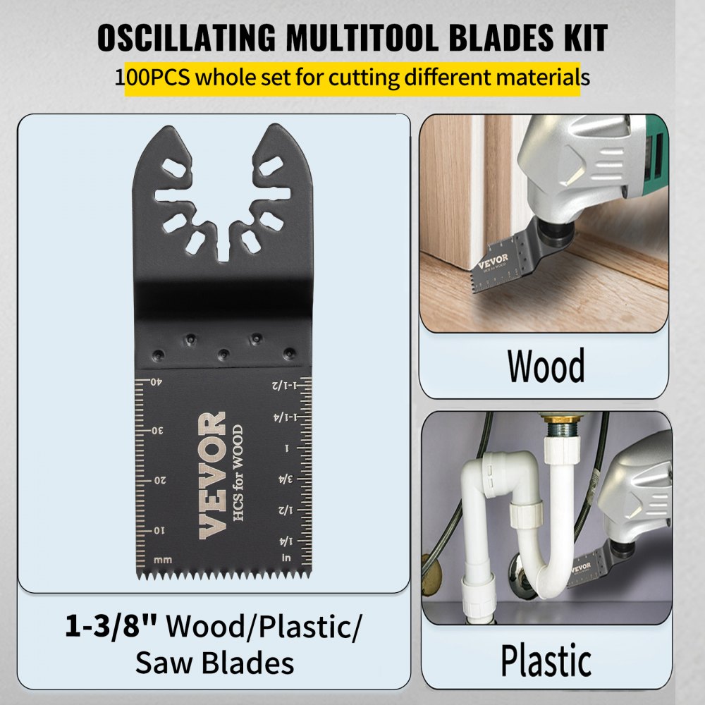 VEVOR Hojas de Sierra Multiherramienta Oscilante 100 Piezas Kit de Hojas de Sierra Oscilante Cuchillas de Herramientas Oscilantes Material de HCS con Caja de Plástico para Madera y Metal
