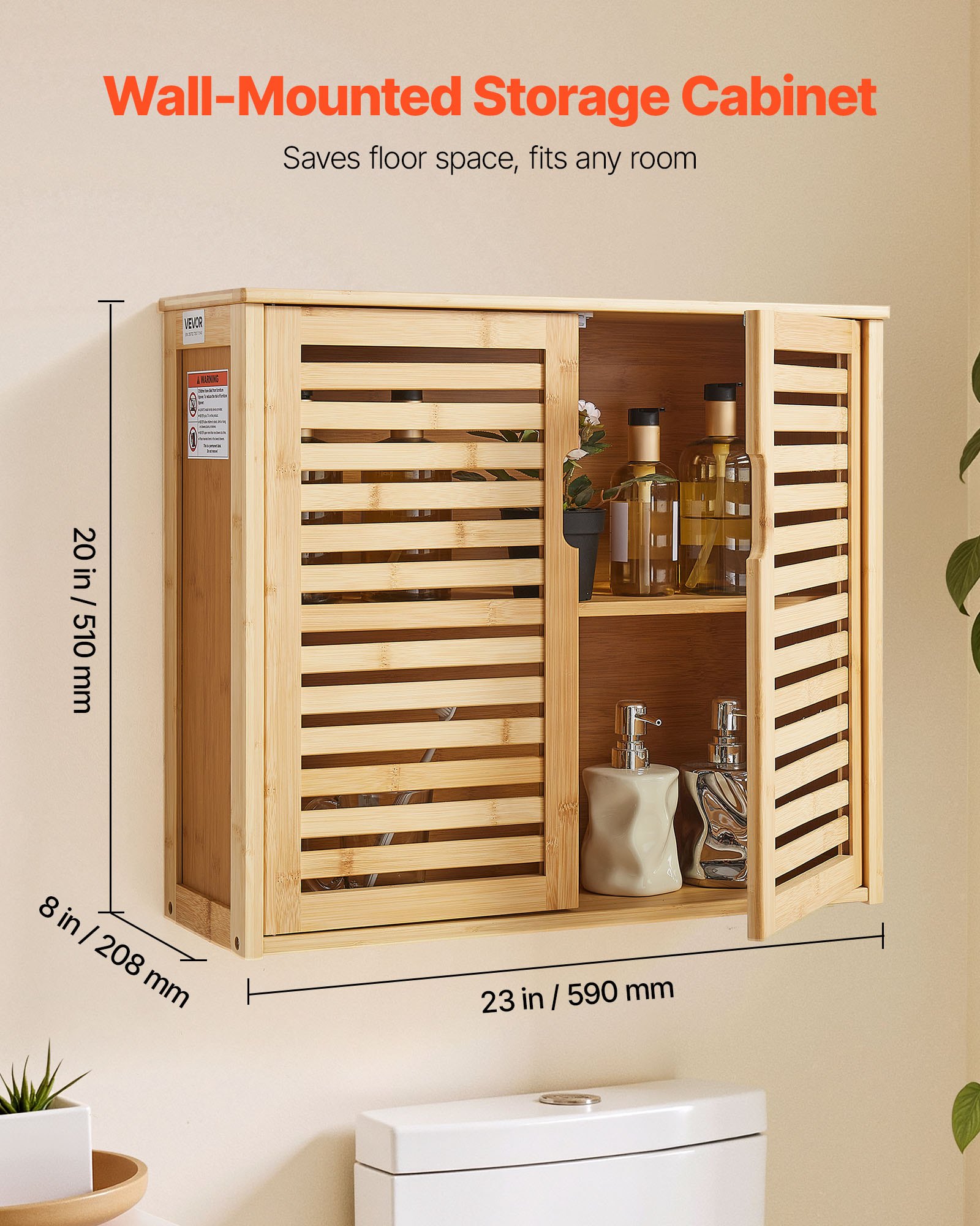 VEVOR Armario de Pared para Baño con 2 Puertas y Estantes de Altura Ajustable, Ideal para Colgar sobre el Inodoro, Cocina, Baño o Lavadero, Resistente a la Presión y al Agua, 590 x 208 x 510 mm