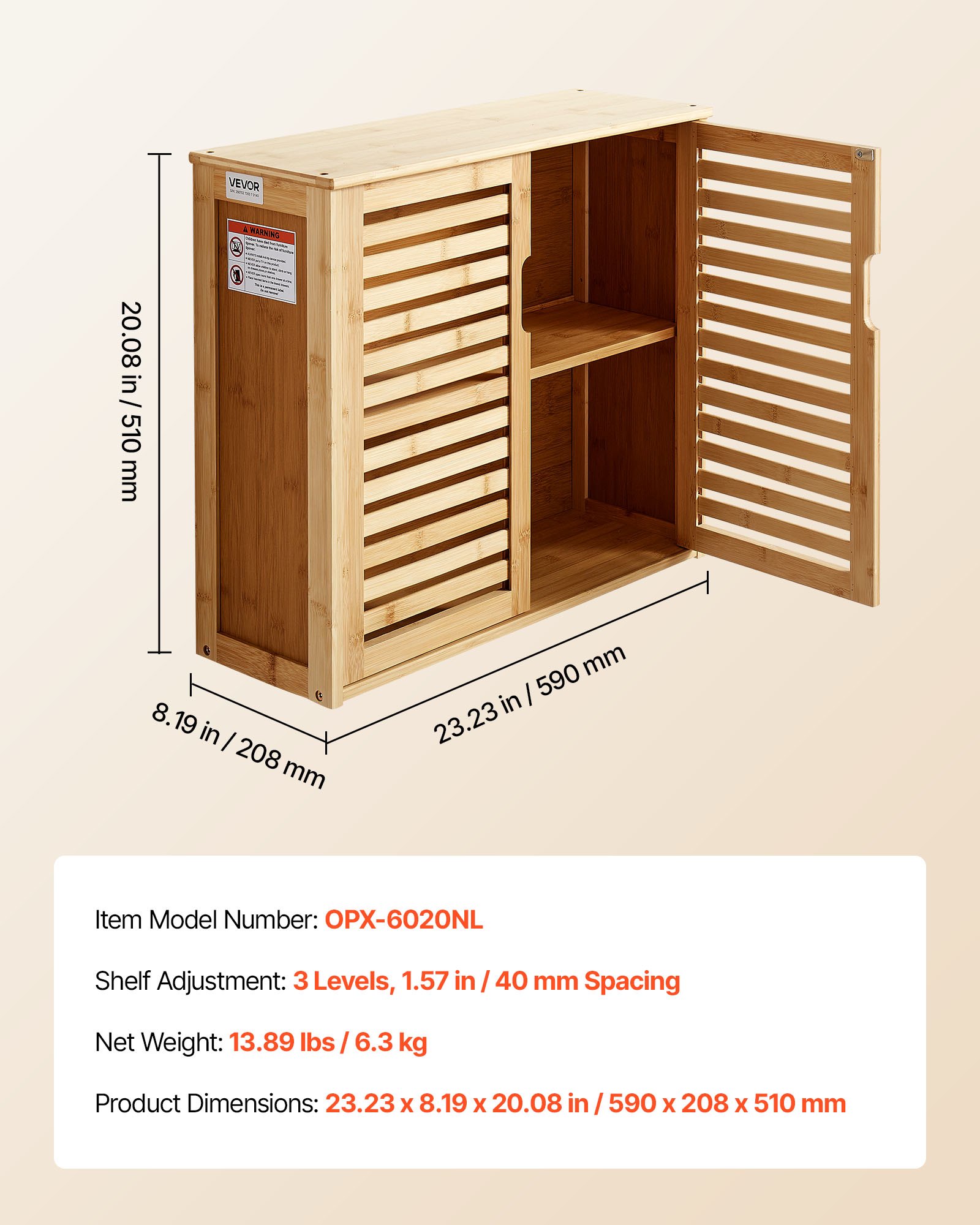 VEVOR Armario de Pared para Baño con 2 Puertas y Estantes de Altura Ajustable, Ideal para Colgar sobre el Inodoro, Cocina, Baño o Lavadero, Resistente a la Presión y al Agua, 590 x 208 x 510 mm