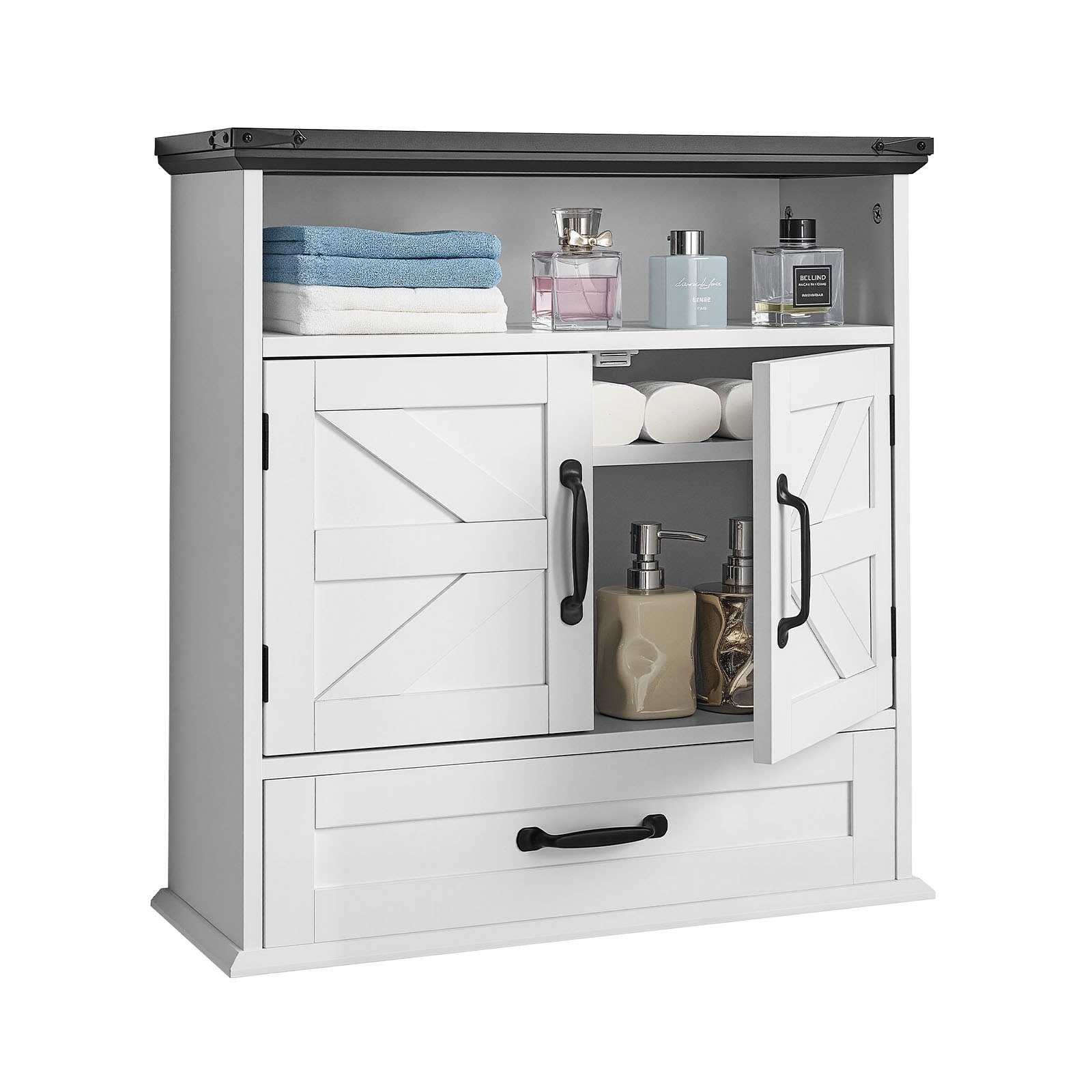 VEVOR Armario de Pared para Baño, con 2 Puertas y Estantes Ajustables, 3 Niveles, Armario Colgante para Baño con Compartimento Abierto y Cajones para Cocina e Inodoro, 610 x 230 x 637 mm, Blanco