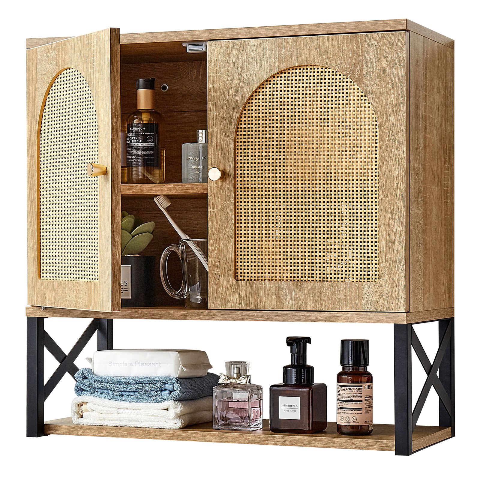 VEVOR Bathroom Wall Cabinet, with 2 Doors and Adjustable Shelf, Over the Toilet Storage Medicine Cabinet Wall Mounted, Hanging Organizer with Shelves & Open Partition for Laundry Room Kitchen Restroom