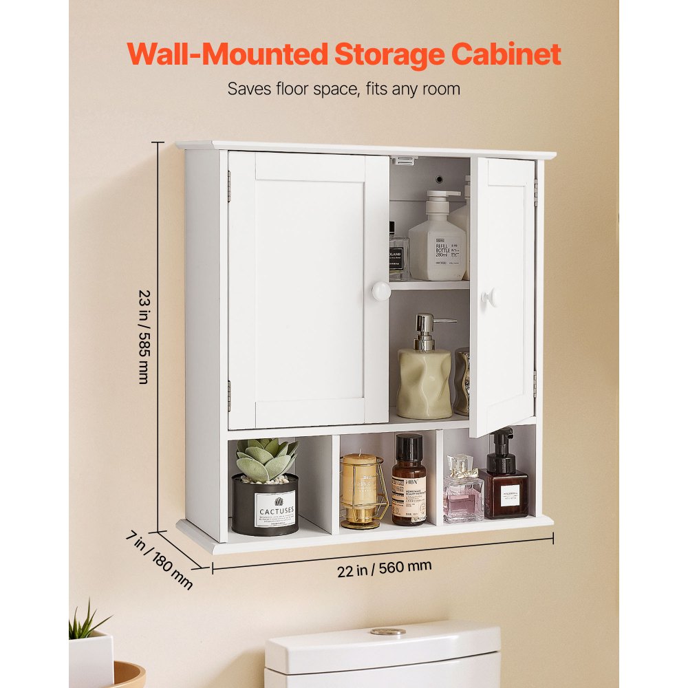 VEVOR Bathroom Wall Cabinet, 2 Doors & Adjustable Shelf, Over the Toilet Storage Medicine Cabinet Wall Mounted, Hanging Organizer with Shelves & Open Partition for Laundry Room Kitchen Restroom, White