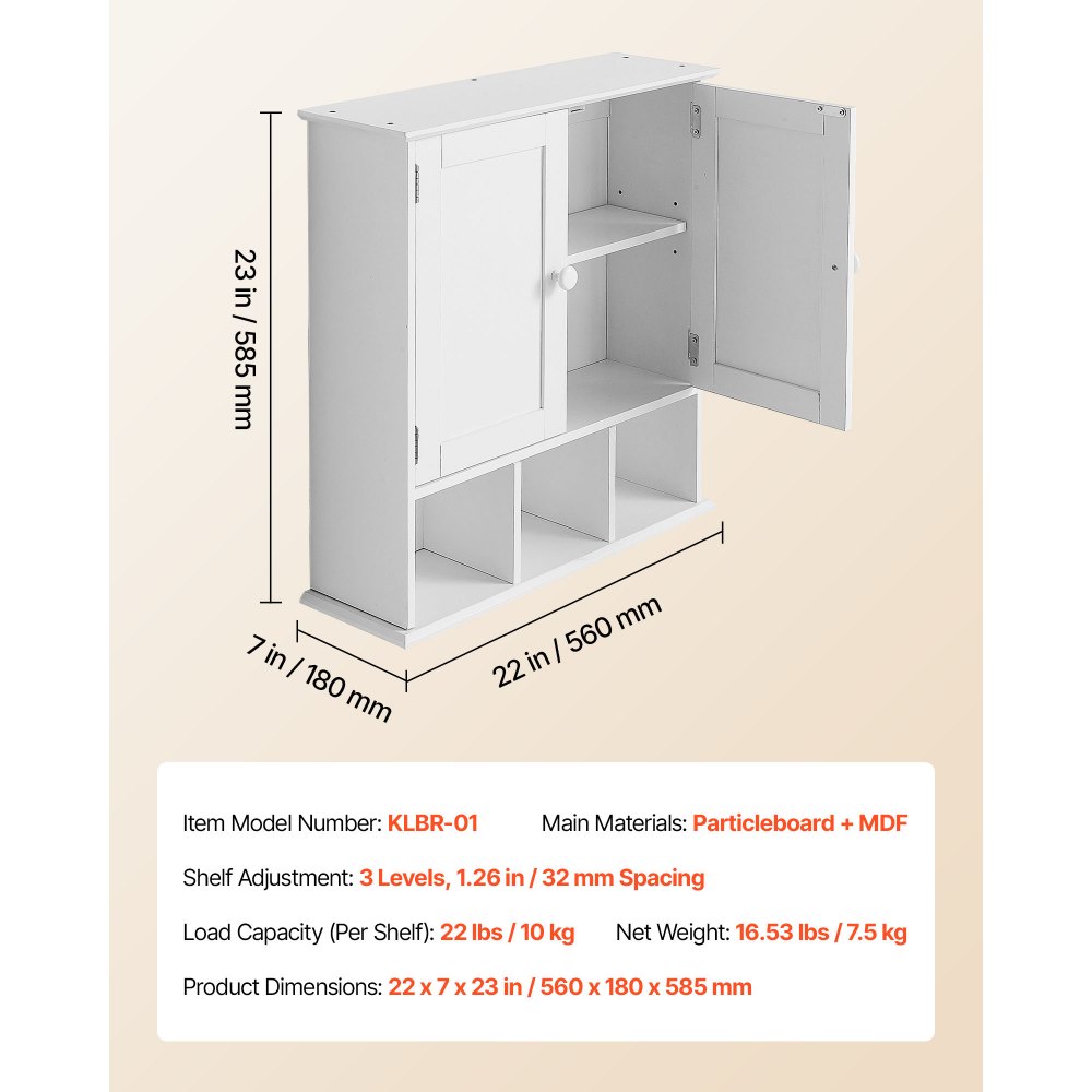 VEVOR Bathroom Wall Cabinet, 2 Doors & Adjustable Shelf, Over the Toilet Storage Medicine Cabinet Wall Mounted, Hanging Organizer with Shelves & Open Partition for Laundry Room Kitchen Restroom, White