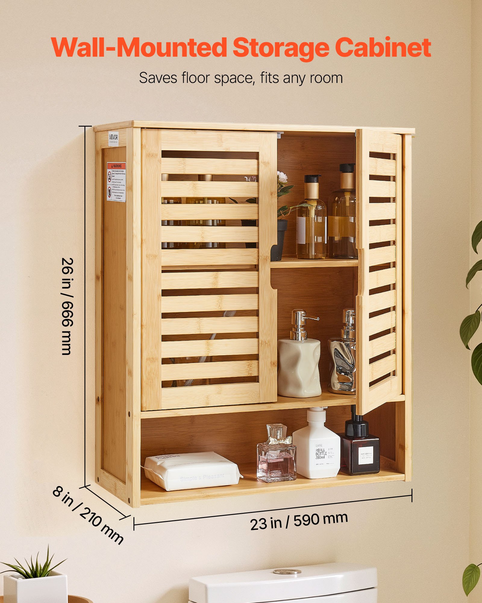 VEVOR Armario de Pared para Baño con 2 Puertas y Estantes Ajustables, Ideal para Colocar sobre el Inodoro, con Compartimento Abierto para Cocina y Baño, Fácil de Instalar, 590 x 210 x 666 mm