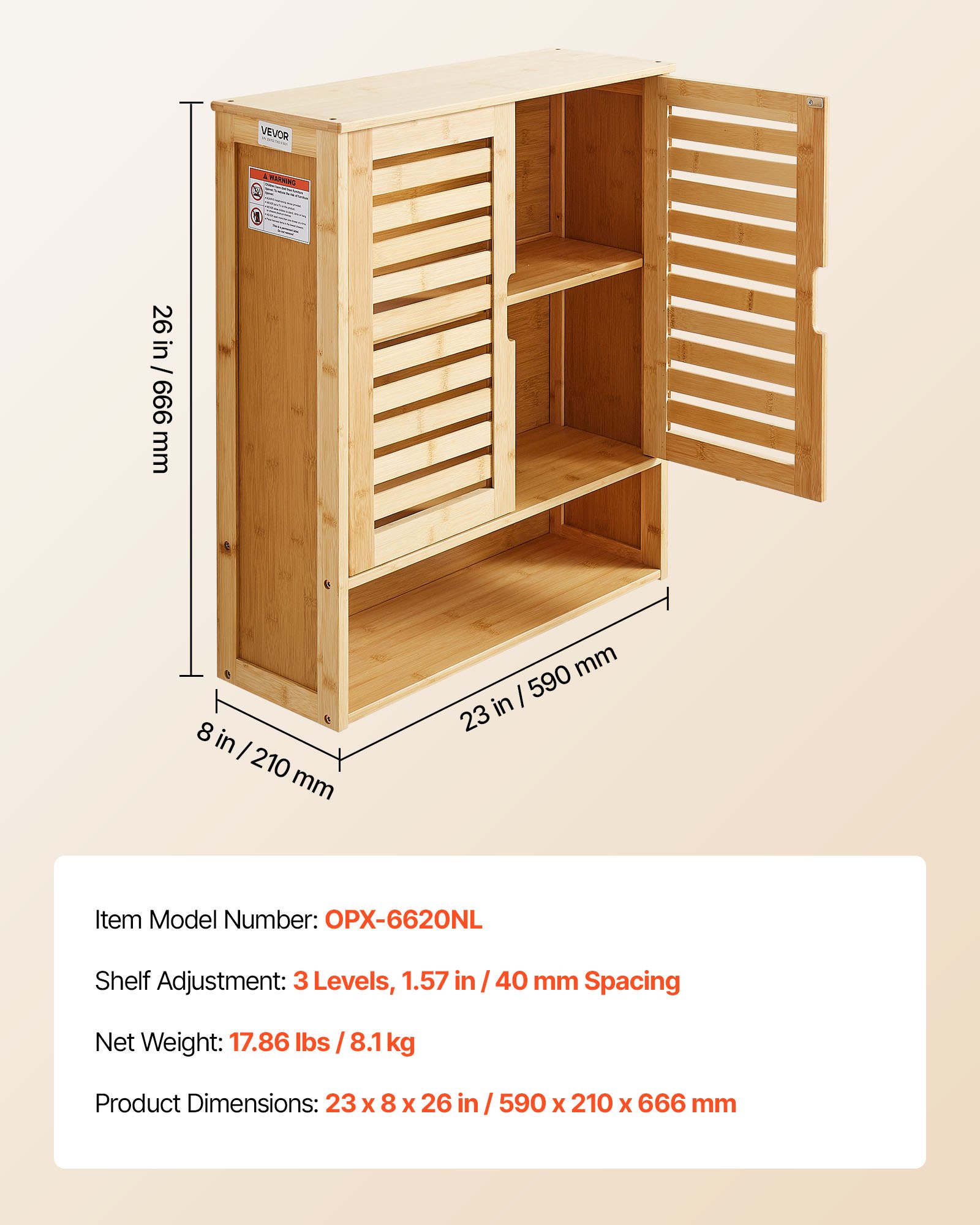 VEVOR Armario de Pared para Baño con 2 Puertas y Estantes Ajustables, Ideal para Colocar sobre el Inodoro, con Compartimento Abierto para Cocina y Baño, Fácil de Instalar, 590 x 210 x 666 mm