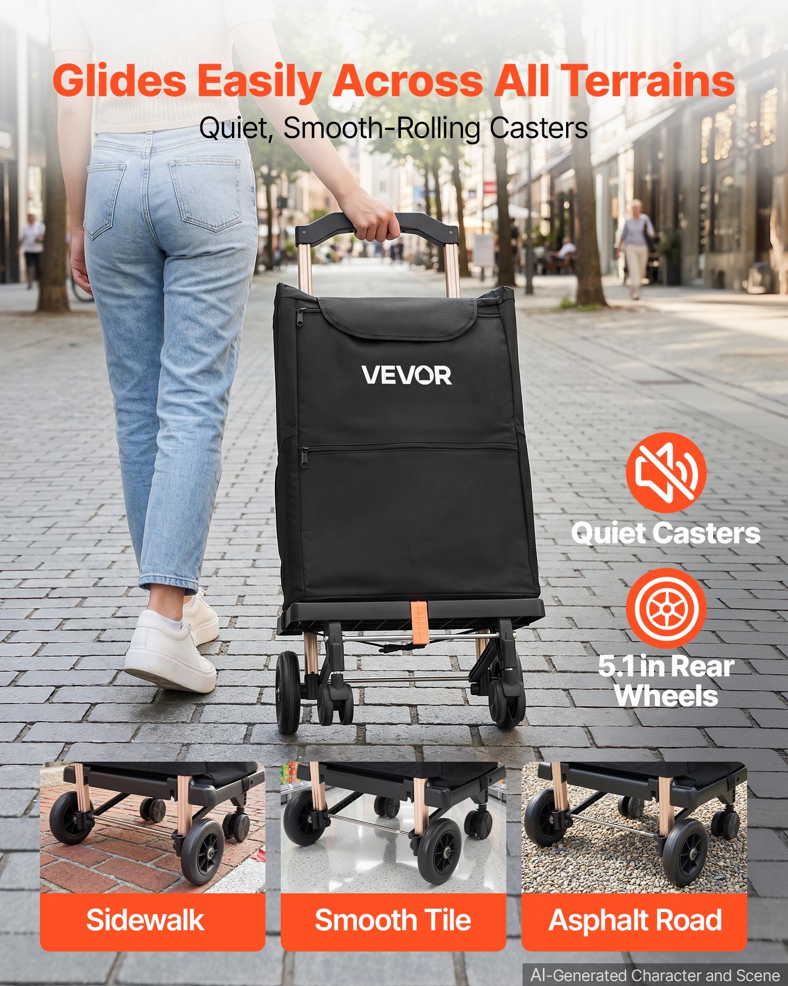 VEVOR Carrito de la Compra 2 en 1 Plegable 75 kg con Ruedas Giratorias de 360°, Bolsa Isotérmica Desmontable, Mango Telescópico, 5 Bolsillos y Estructura Metálica Reforzada, para Supermercado y Viajes