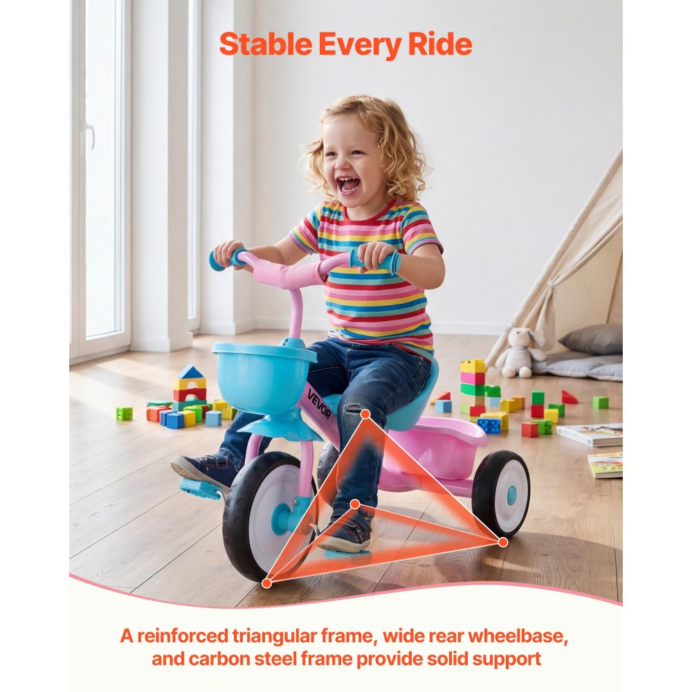 VEVOR Triciclos para Niños de 2 a 5 Años, Triciclo Evolutivo con Asiento Ajustable, Cesta, Espacio de Almacenamiento, Cuadro de Acero al Carbono, Minibicicleta para el Aire Libre, Rosa y Azul