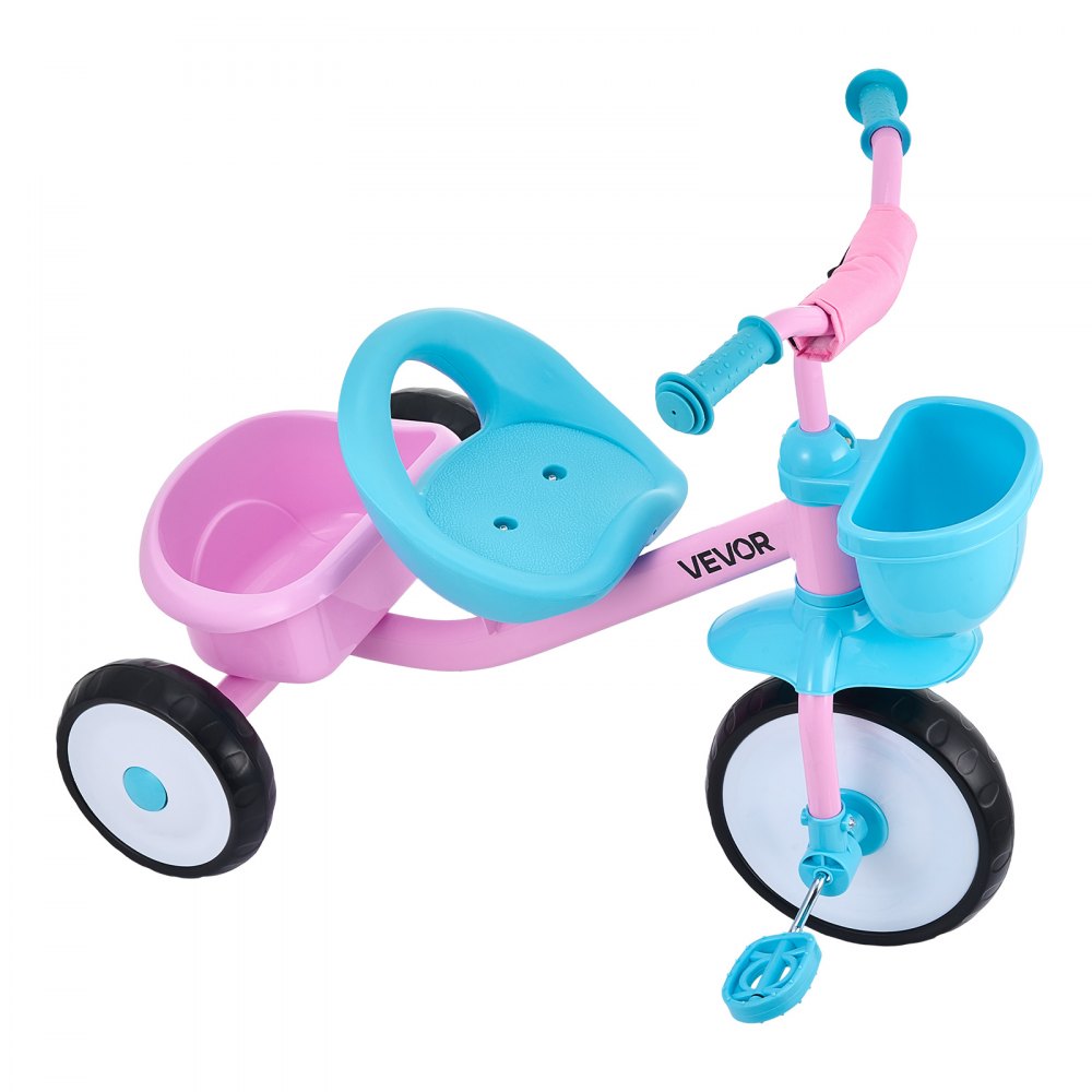 VEVOR Triciclos para Niños de 2 a 5 Años, Triciclo Evolutivo con Asiento Ajustable, Cesta, Espacio de Almacenamiento, Cuadro de Acero al Carbono, Minibicicleta para el Aire Libre, Rosa y Azul