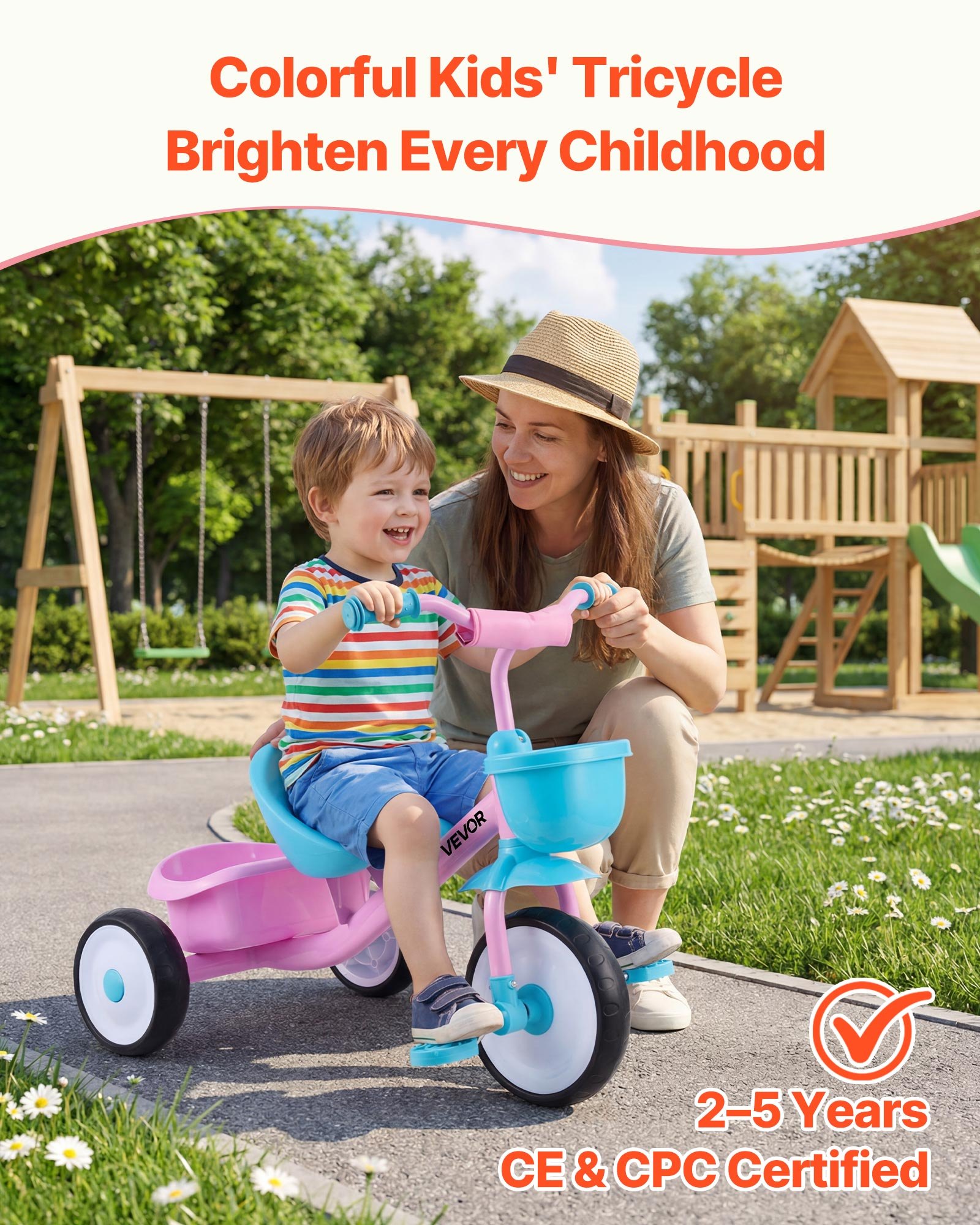 VEVOR Triciclos para Niños de 2 a 5 Años, Triciclo Evolutivo con Asiento Ajustable, Cesta, Espacio de Almacenamiento, Cuadro de Acero al Carbono, Minibicicleta para el Aire Libre, Rosa y Azul