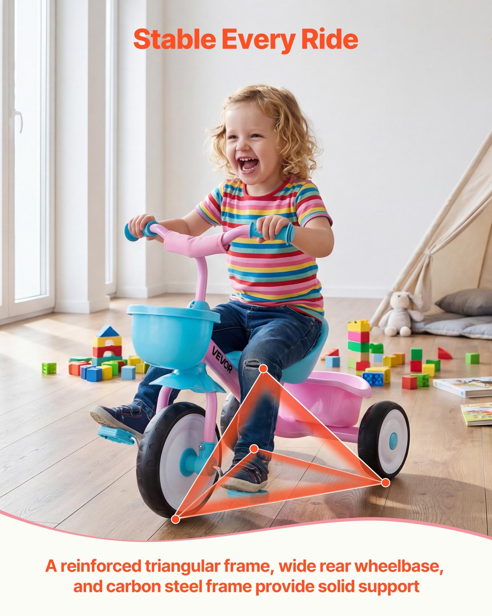 VEVOR Triciclos para Niños de 2 a 5 Años, Triciclo Evolutivo con Asiento Ajustable, Cesta, Espacio de Almacenamiento, Cuadro de Acero al Carbono, Minibicicleta para el Aire Libre, Rosa y Azul