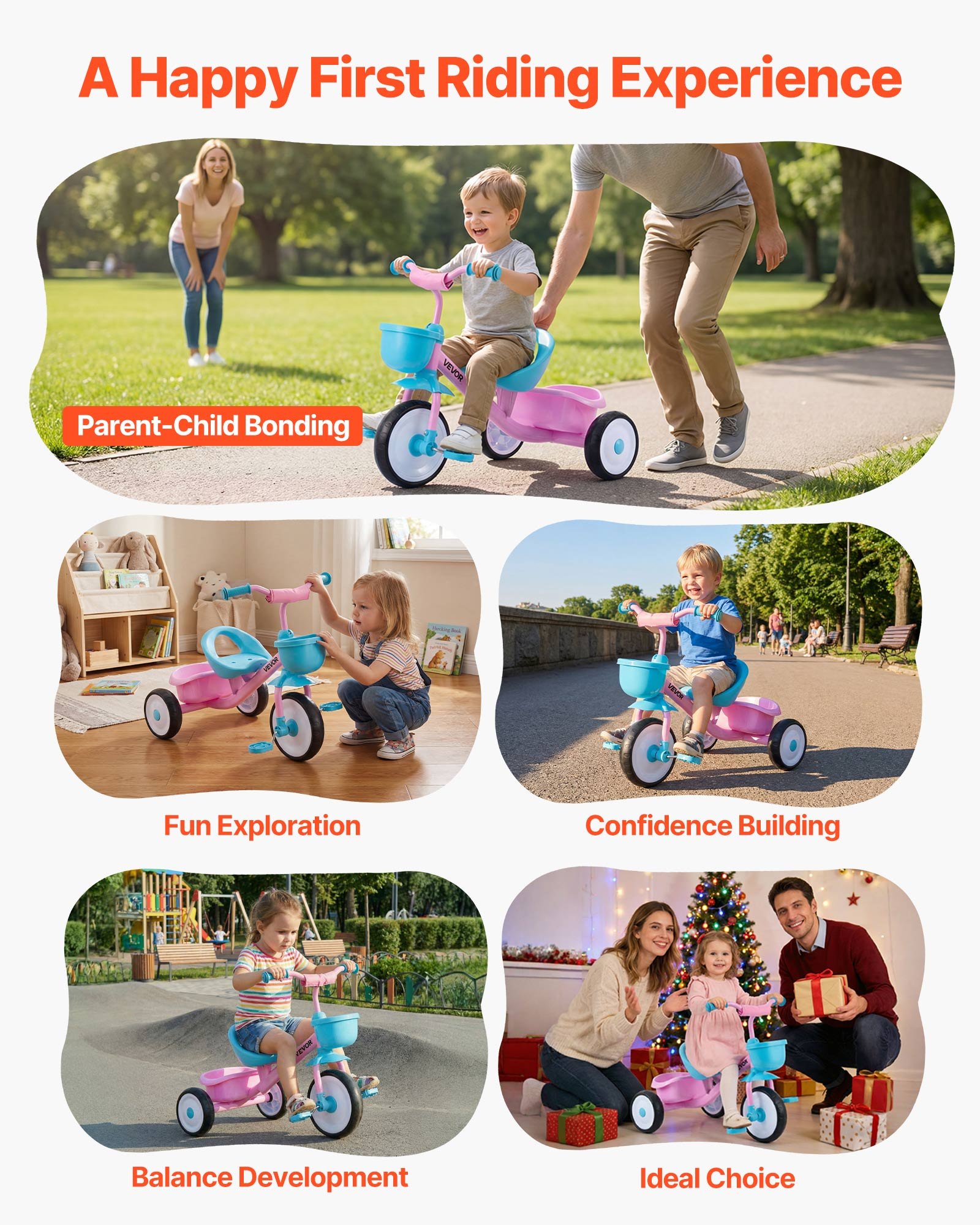 VEVOR Triciclos para Niños de 2 a 5 Años, Triciclo Evolutivo con Asiento Ajustable, Cesta, Espacio de Almacenamiento, Cuadro de Acero al Carbono, Minibicicleta para el Aire Libre, Rosa y Azul