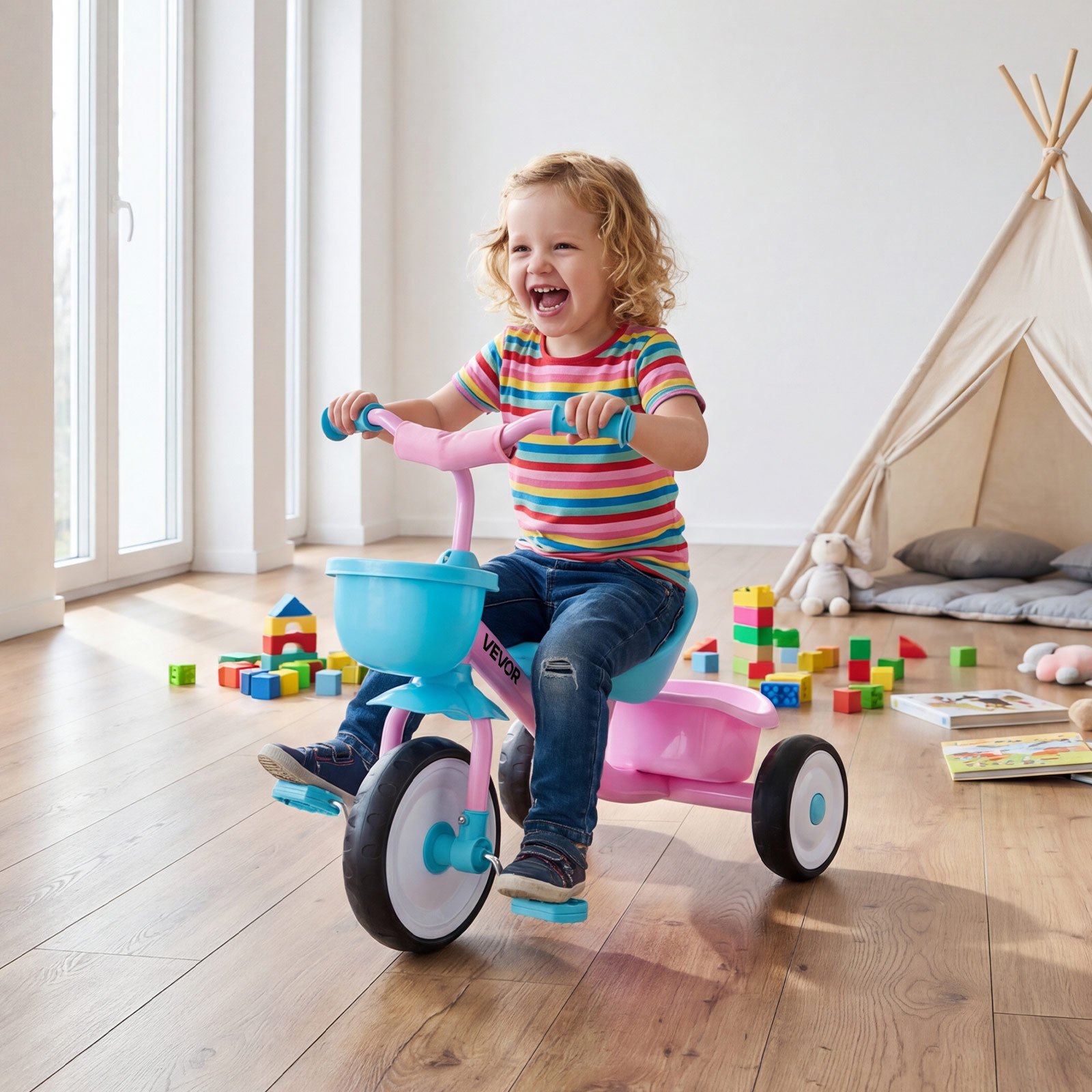 VEVOR Triciclos para Niños de 2 a 5 Años, Triciclo Evolutivo con Asiento Ajustable, Cesta, Espacio de Almacenamiento, Cuadro de Acero al Carbono, Minibicicleta para el Aire Libre, Rosa y Azul