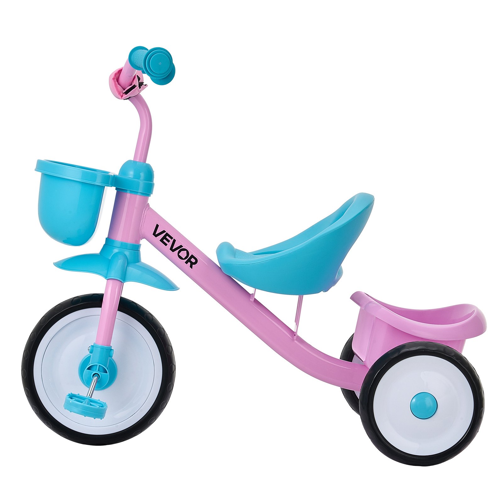 VEVOR Triciclos para Niños de 2 a 5 Años, Triciclo Evolutivo con Asiento Ajustable, Cesta, Espacio de Almacenamiento, Cuadro de Acero al Carbono, Minibicicleta para el Aire Libre, Rosa y Azul