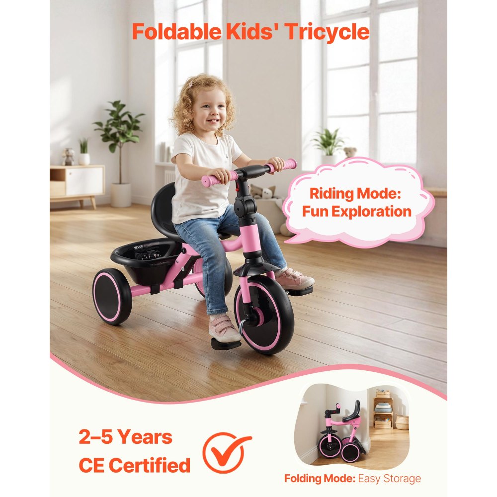 VEVOR Triciclos para Niños de 2 a 5 Años, Triciclo Evolutivo Plegable con Asiento Ajustable, Espacio de Almacenamiento, Cuadro de Acero al Carbono, Minibicicleta para el Aire Libre, Rosa y Negro
