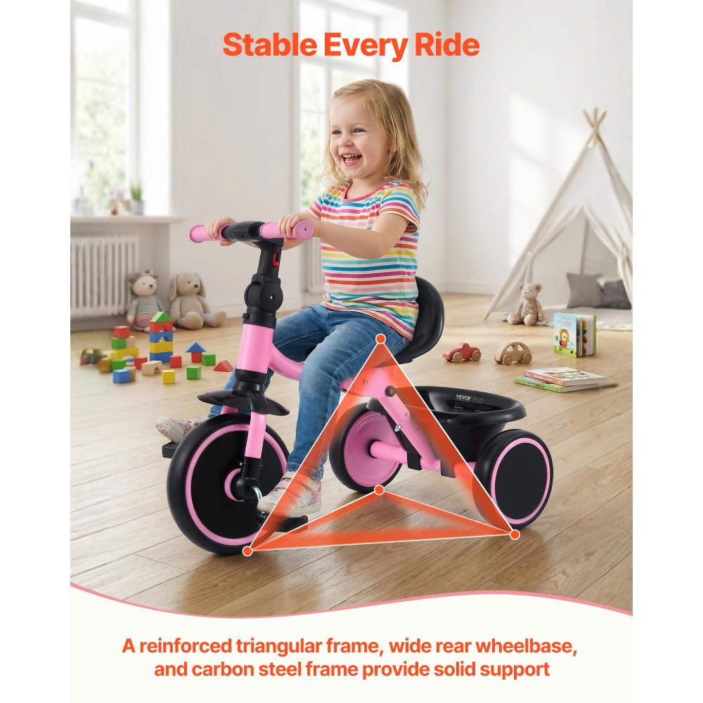 VEVOR Triciclos para Niños de 2 a 5 Años, Triciclo Evolutivo Plegable con Asiento Ajustable, Espacio de Almacenamiento, Cuadro de Acero al Carbono, Minibicicleta para el Aire Libre, Rosa y Negro