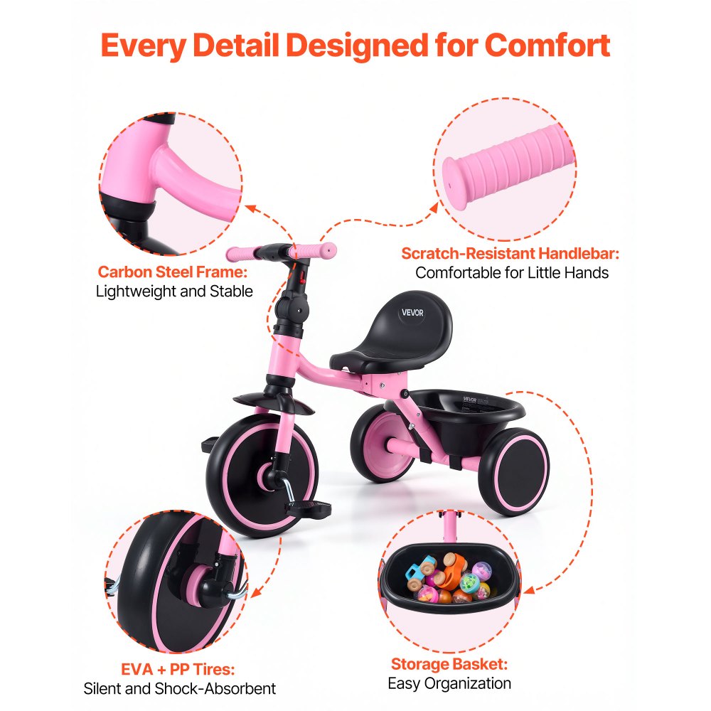 VEVOR Triciclos para Niños de 2 a 5 Años, Triciclo Evolutivo Plegable con Asiento Ajustable, Espacio de Almacenamiento, Cuadro de Acero al Carbono, Minibicicleta para el Aire Libre, Rosa y Negro