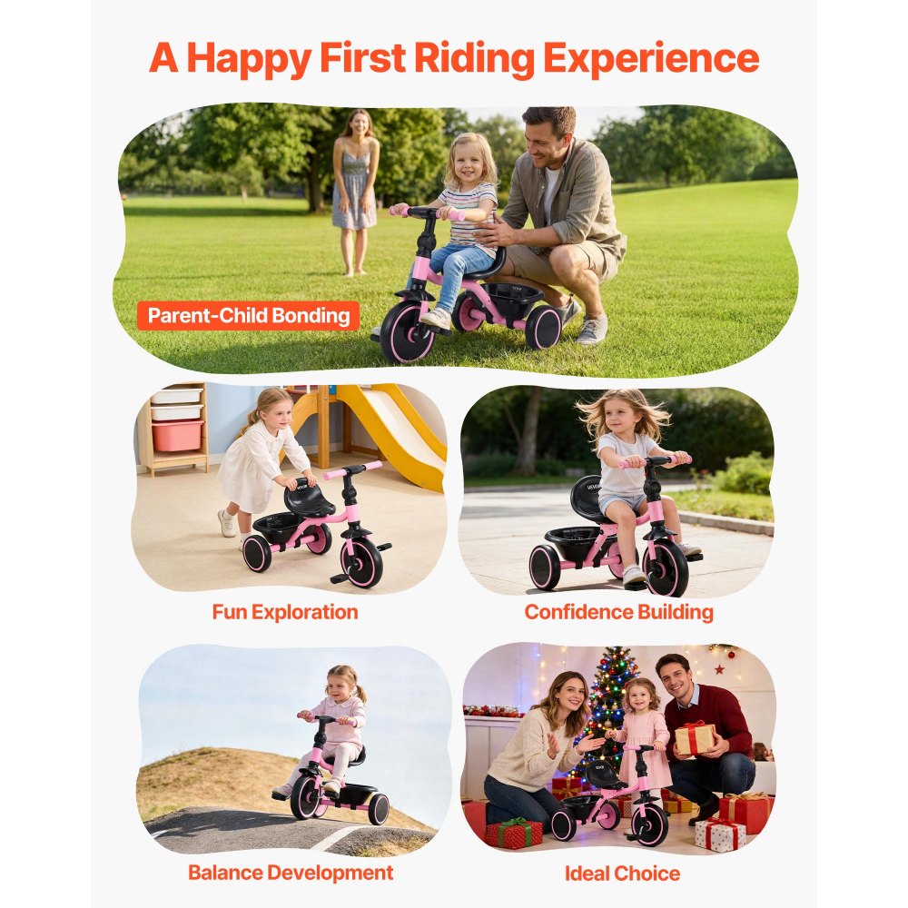 VEVOR Triciclos para Niños de 2 a 5 Años, Triciclo Evolutivo Plegable con Asiento Ajustable, Espacio de Almacenamiento, Cuadro de Acero al Carbono, Minibicicleta para el Aire Libre, Rosa y Negro