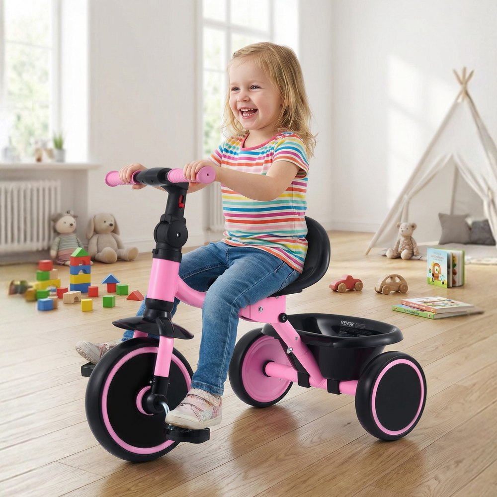 VEVOR Triciclos para Niños de 2 a 5 Años, Triciclo Evolutivo Plegable con Asiento Ajustable, Espacio de Almacenamiento, Cuadro de Acero al Carbono, Minibicicleta para el Aire Libre, Rosa y Negro
