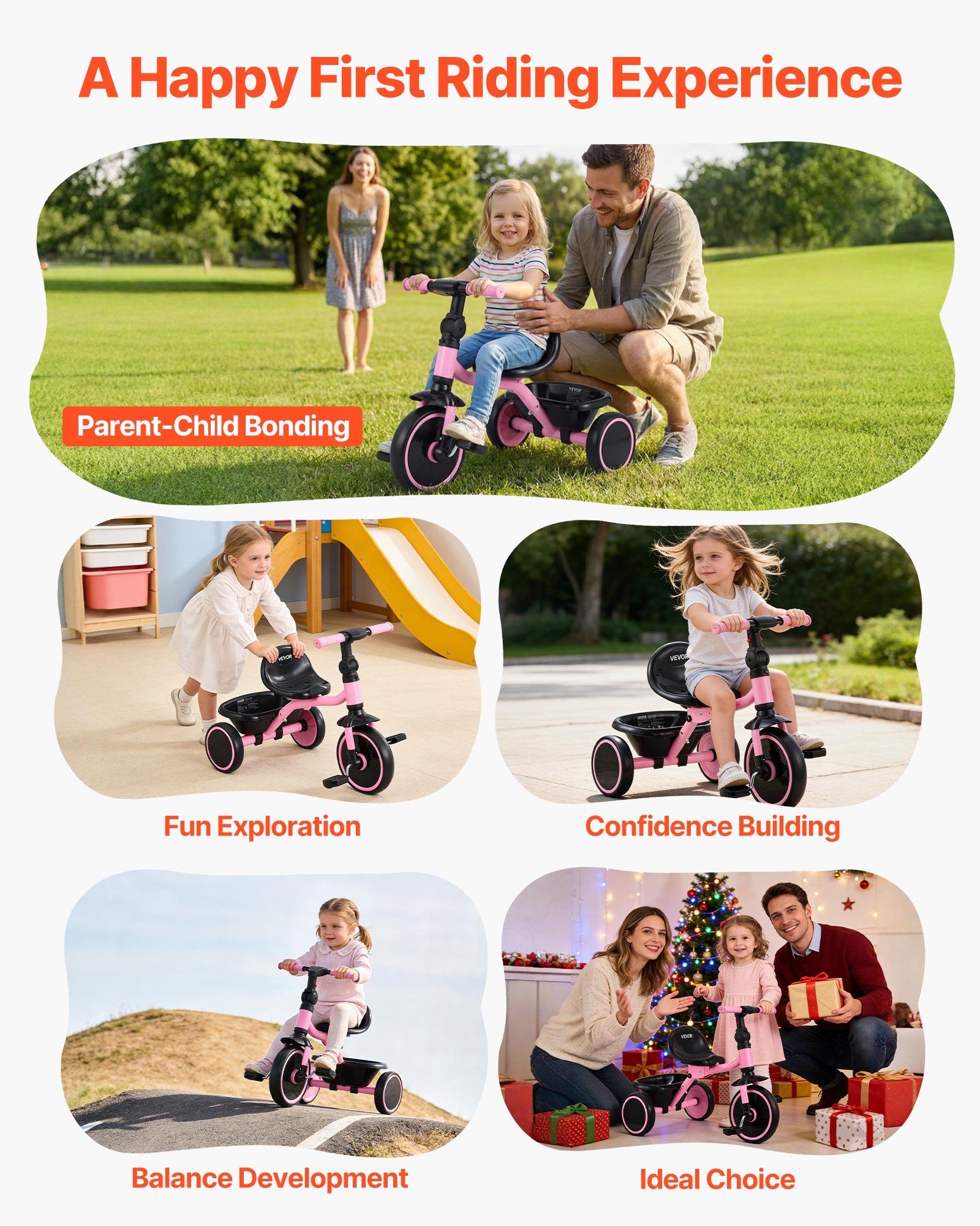 VEVOR Triciclos para Niños de 2 a 5 Años, Triciclo Evolutivo Plegable con Asiento Ajustable, Espacio de Almacenamiento, Cuadro de Acero al Carbono, Minibicicleta para el Aire Libre, Rosa y Negro