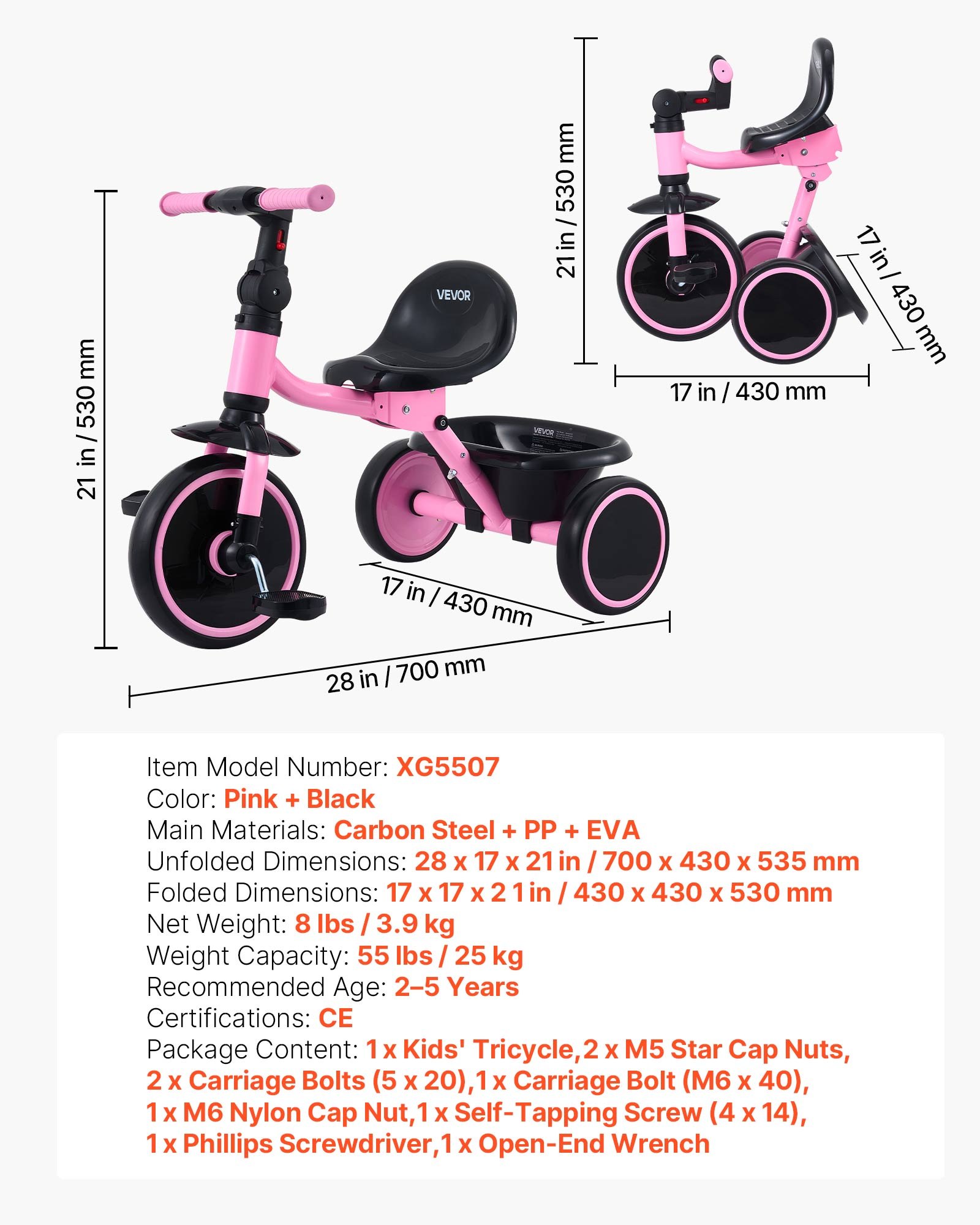 VEVOR Triciclos para Niños de 2 a 5 Años, Triciclo Evolutivo Plegable con Asiento Ajustable, Espacio de Almacenamiento, Cuadro de Acero al Carbono, Minibicicleta para el Aire Libre, Rosa y Negro