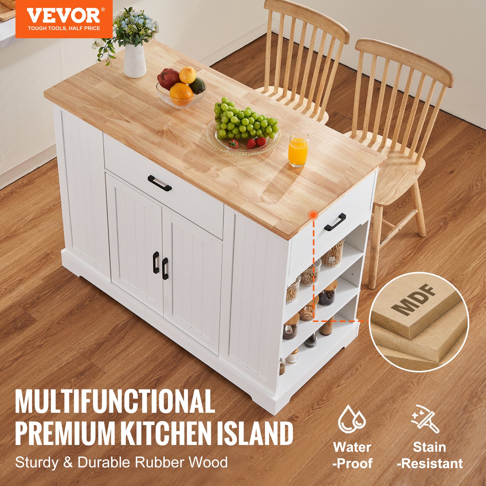 VEVOR - Isla de cocina con carrito, barra de desayuno de madera de 46" con gabinete de almacenamiento, mesa de cocina rústica con estante ajustable, cajón, para comedor, cocina, sala de estar, color blanco