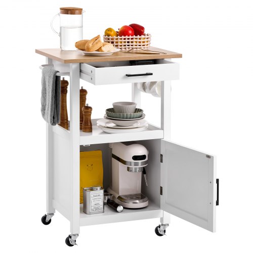 VEVOR Isla de Cocina con Armario de Una Puerta, con Cajón, Toallero y Ganchos, Mesa Portátil con Ruedas Giratorias, con Soporte para Microondas para Comedor, 45 x 59 x 91 cm, Blanco, Carga 62 kg