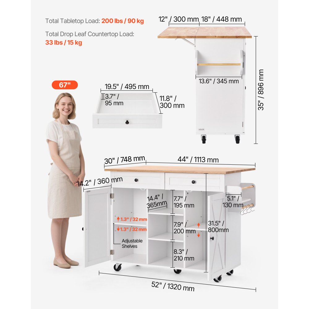 VEVOR Isla de Cocina Portátil con Tablero de Madera Maciza y Armario, con Cajones, Toallero para Especias, Islas Portátiles con Ruedas Giratorias para Comedor, 132 x 74,8 x 89,6 cm, Color Blanco