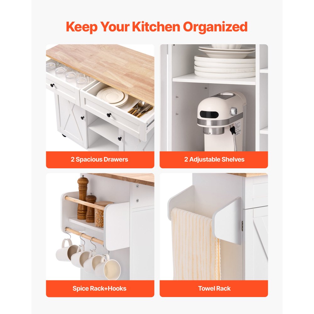 VEVOR Kitchen Island Cart, with Solid Wood Top and Storage Cabinet, Mobile Rolling Table with Drop Leaf, Drawers, Spice Towel Rack, Portable Islands on Swivel Wheels for Dining Room, 132cm Width, White