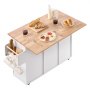 VEVOR Kitchen Island Cart, with Solid Wood Top and Storage Cabinet, Mobile Rolling Table with Drop Leaf, Drawers, Spice Towel Rack, Portable Islands on Swivel Wheels for Dining Room, 132cm Width, White