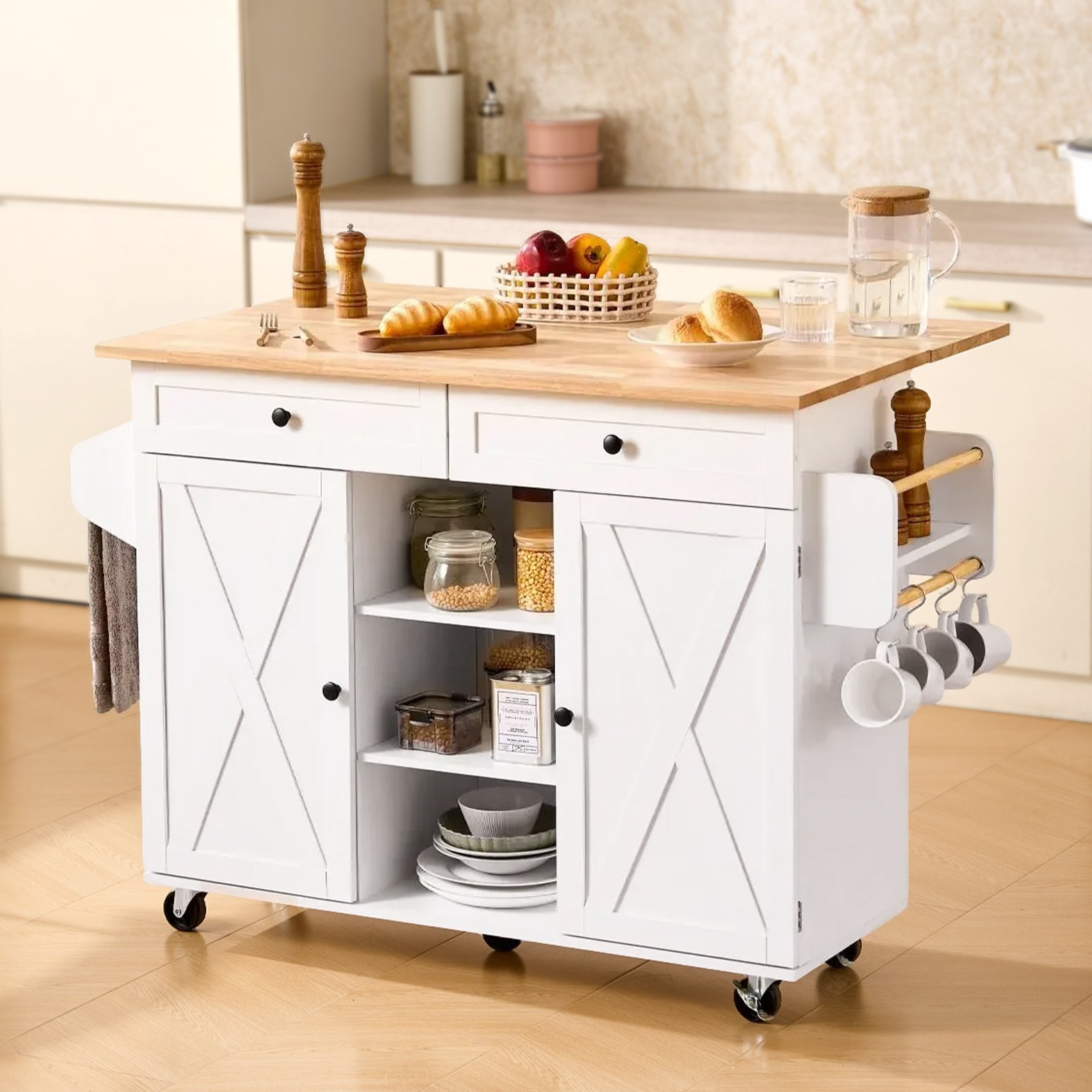 VEVOR Isla de Cocina Portátil con Tablero de Madera Maciza y Armario, con Cajones, Toallero para Especias, Islas Portátiles con Ruedas Giratorias para Comedor, 132 x 74,8 x 89,6 cm, Color Blanco